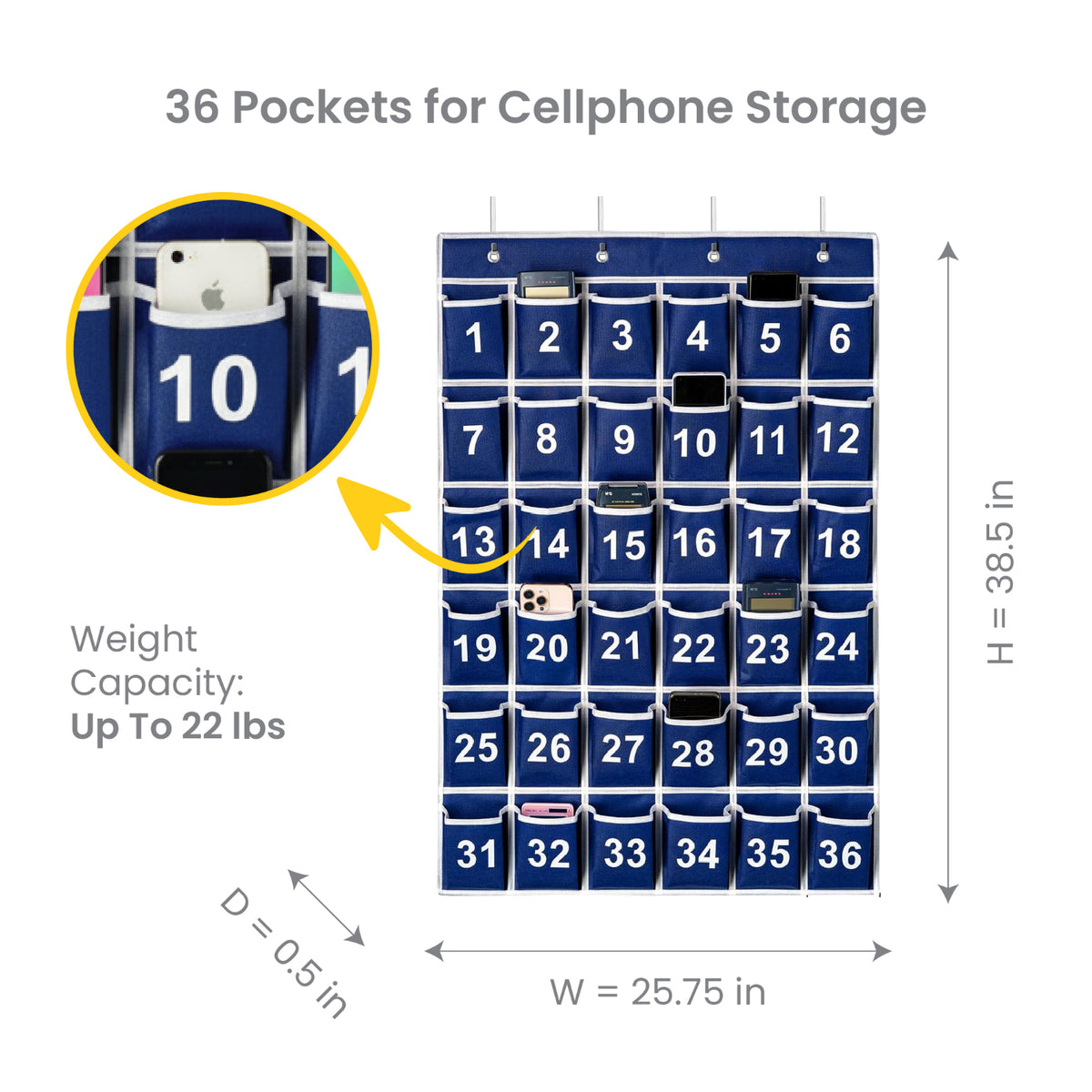 Hanging Cell Phone Pocket Storage Classroom Organizer, 36 Pockets