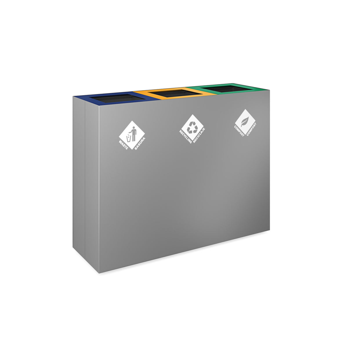 PIC Indoor Triple Square Compartment Waste Receptacle with 48 Gallon Body,35-5/16" W x 11-7/8" D x 26-15/16" H