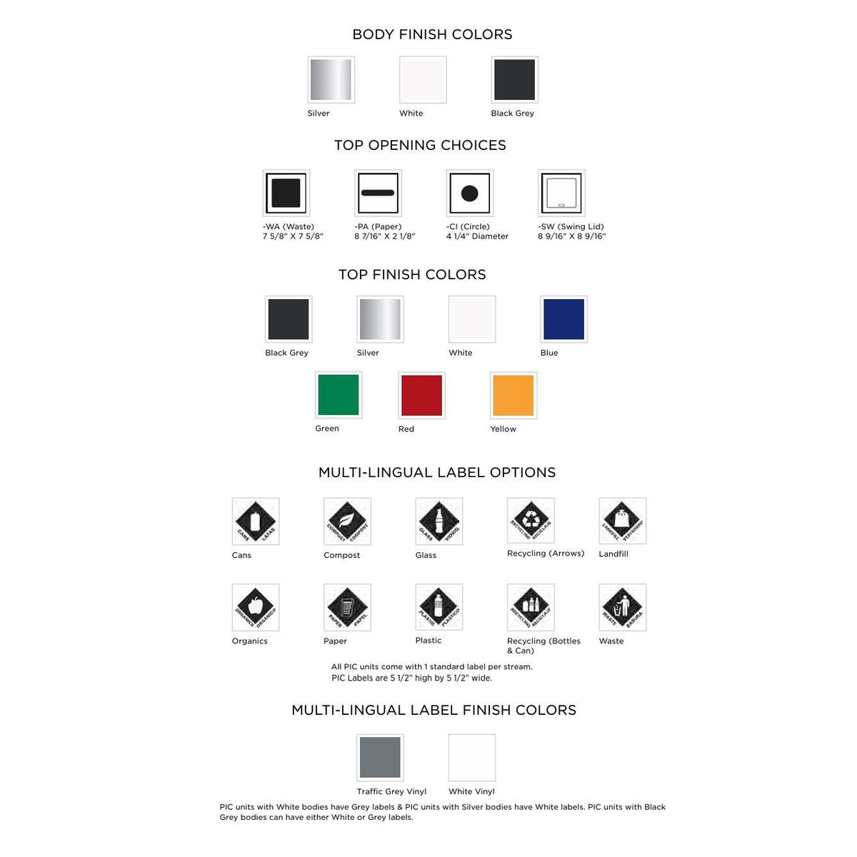 PIC Indoor Triple Square Compartment Waste Receptacle with 48 Gallon Body,35-5/16" W x 11-7/8" D x 26-15/16" H