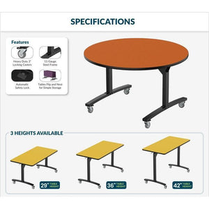 Round Mobile Nesting Flipper Table, MDF Core, High Pressure Laminate Top with ProtectEdge