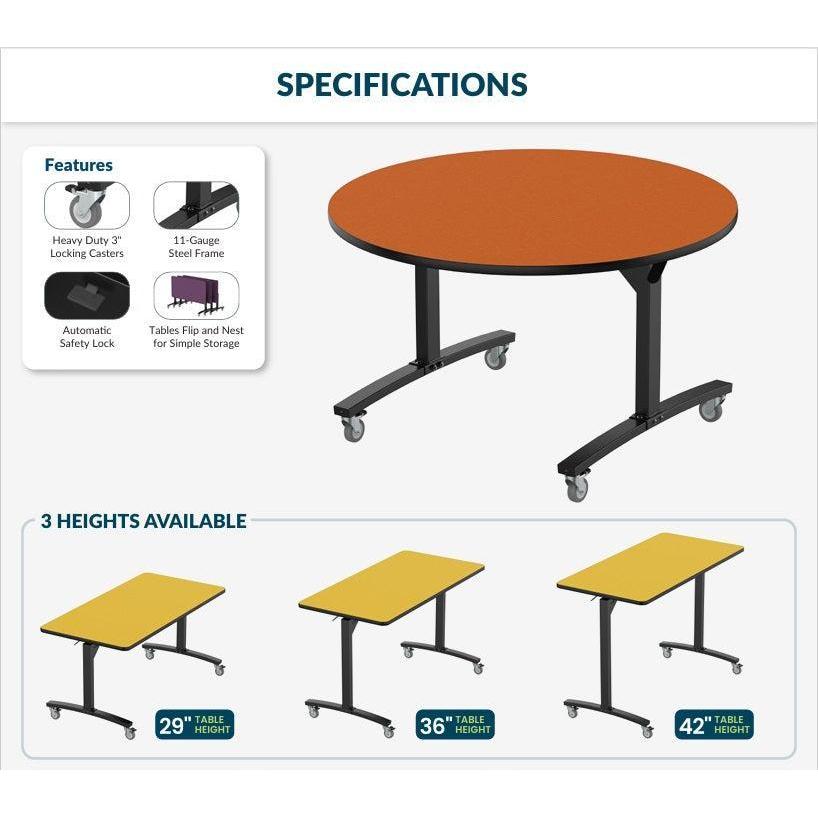 Round Mobile Nesting Flipper Table,  Particleboard Core, High Pressure Laminate Top with T-Mold Edge