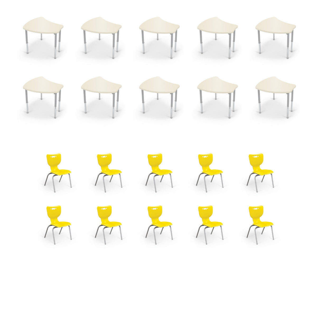Hierarchy Classroom Desk and Chair Package, 10 Hierarchy Shapes Desks with 10 Hierarchy Chairs