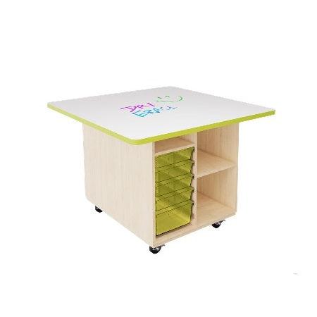 Diversified Spaces Intermix Makerspace Workstation, Square Dry-Erase Laminate Top with Lime Edgeband, Open Tote Cabinet with Lime Green Totes, 36" H, Maple Finish