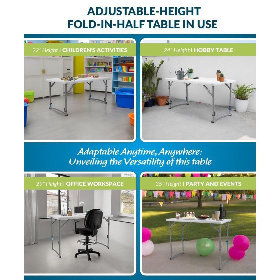 Fold-in-Half Adjustable Height Plastic Folding Table, 48" x 24", Speckled Grey Top with Grey Frame