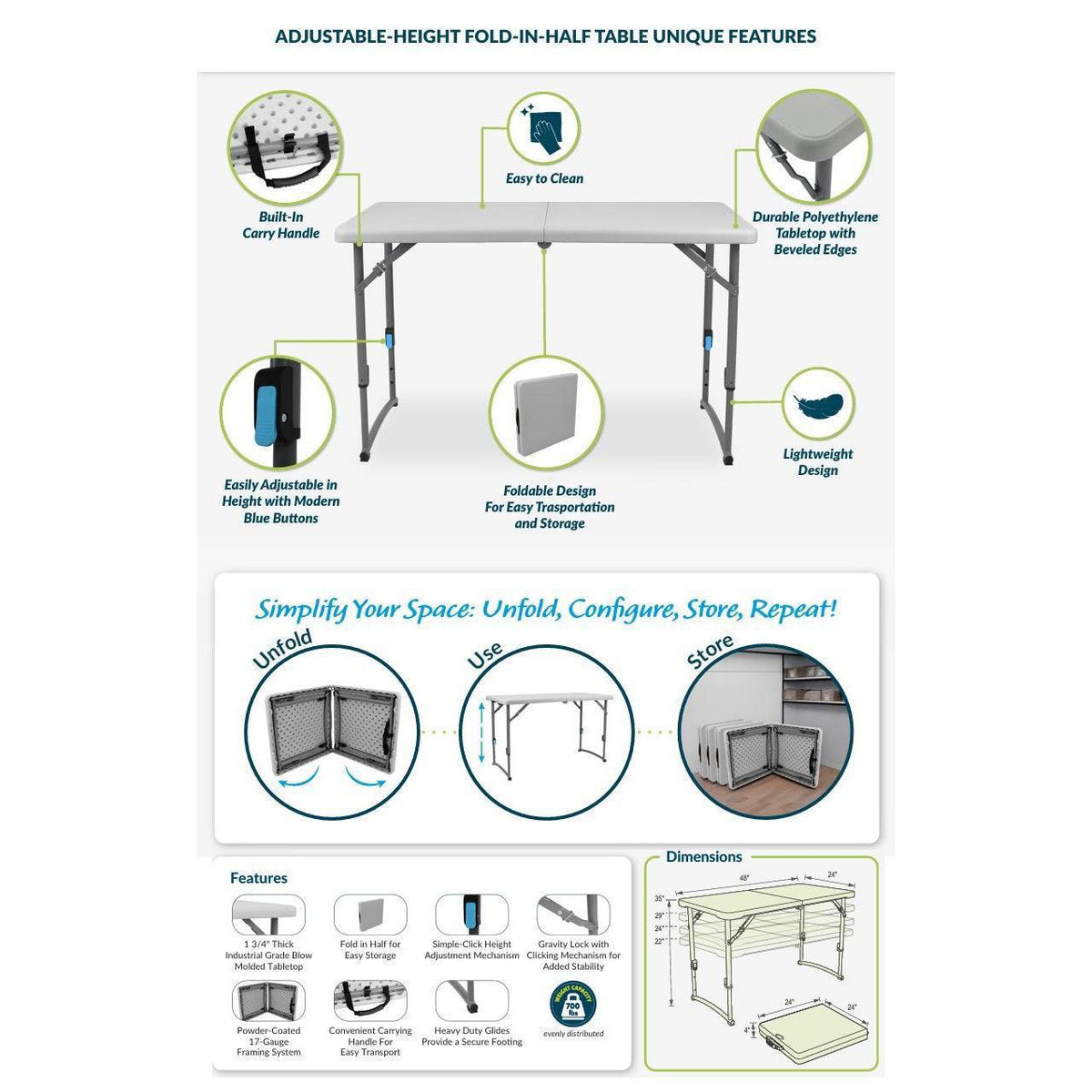 Fold-in-Half Adjustable Height Plastic Folding Table, 48" x 24", Speckled Grey Top with Grey Frame