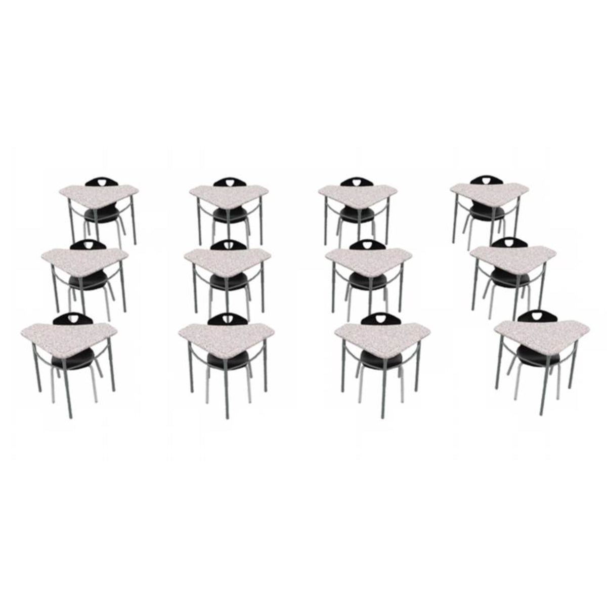 Classroom Desk and Chair Package, 12 Kaleidoscope Adjustable Height Triangle Desks with Solid Plastic Tops, 12 Ovation Stack Chairs