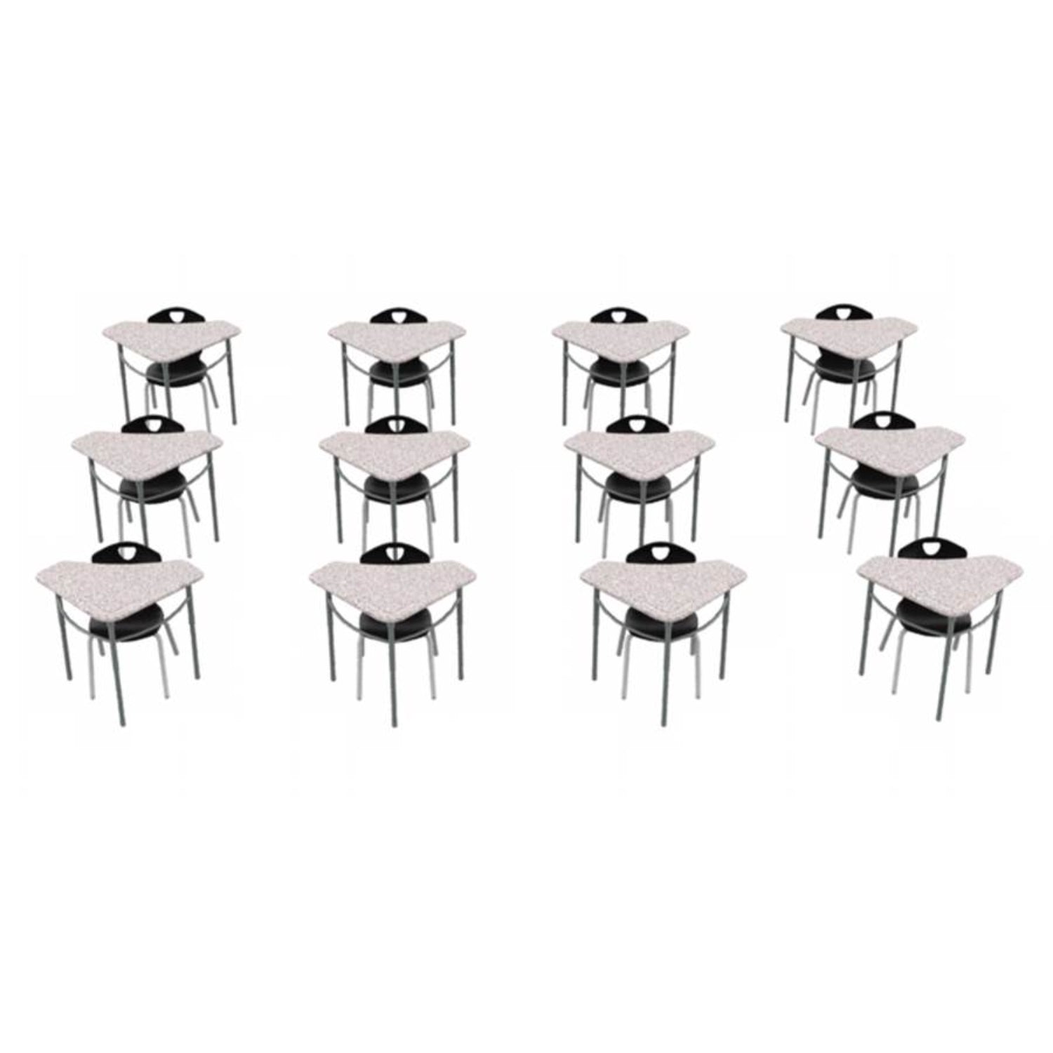 Classroom Desk and Chair Package, 12 Kaleidoscope Adjustable Height Triangle Desks with Solid Plastic Tops, 12 Ovation Stack Chairs