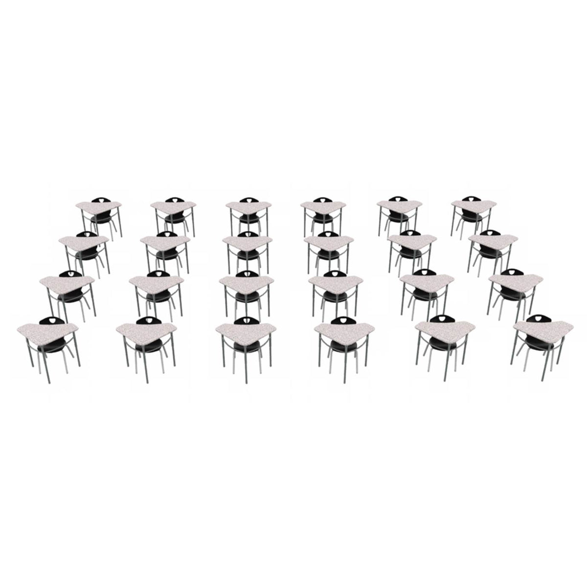 Classroom Desk and Chair Package, 24 Kaleidoscope Adjustable Height Triangle Desks with Solid Plastic Tops, 24 Ovation Stack Chairs