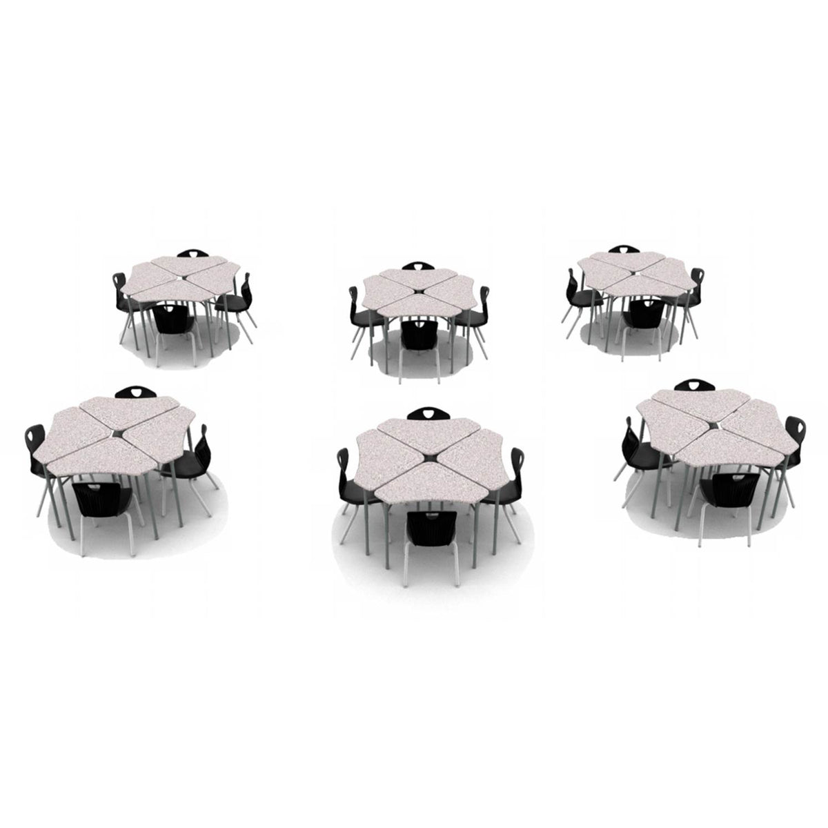 Classroom Desk and Chair Package, 24 Kaleidoscope Adjustable Height Triangle Desks with Solid Plastic Tops, 24 Ovation Stack Chairs