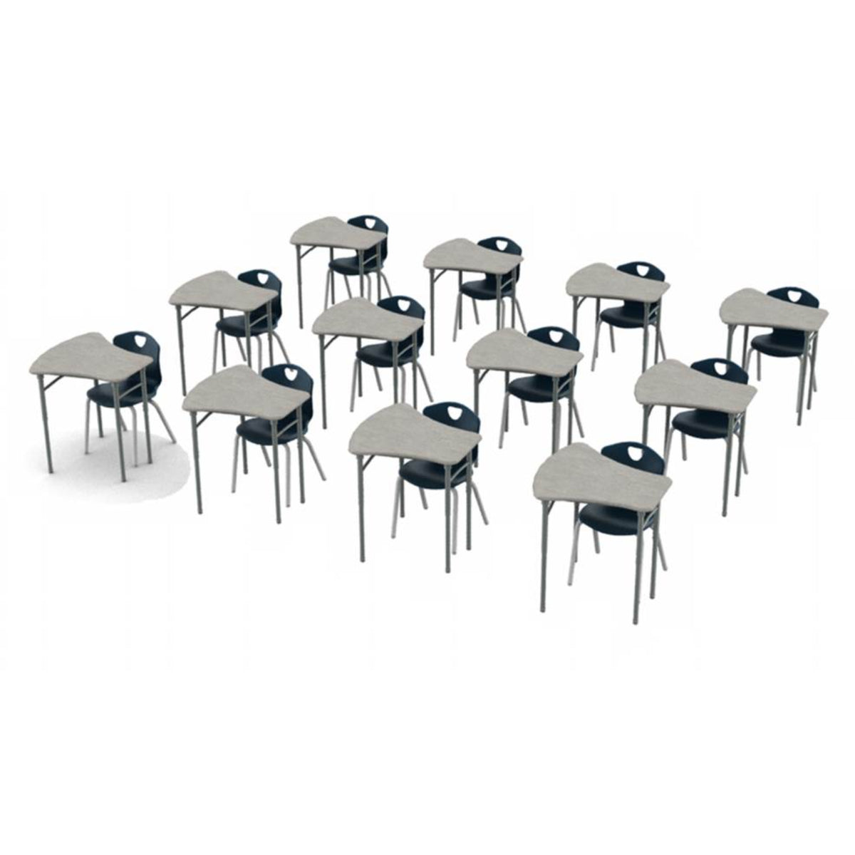Classroom Desk and Chair Package, 12 Kaleidoscope Adjustable Height Vertebrae Desks with Solid Plastic Tops, 12 Ovation Stack Chairs