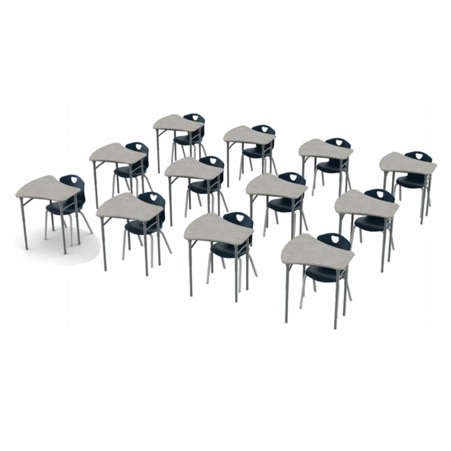 Classroom Desk and Chair Package, 12 Kaleidoscope Adjustable Height Vertebrae Desks with Solid Plastic Tops, 12 Ovation Stack Chairs