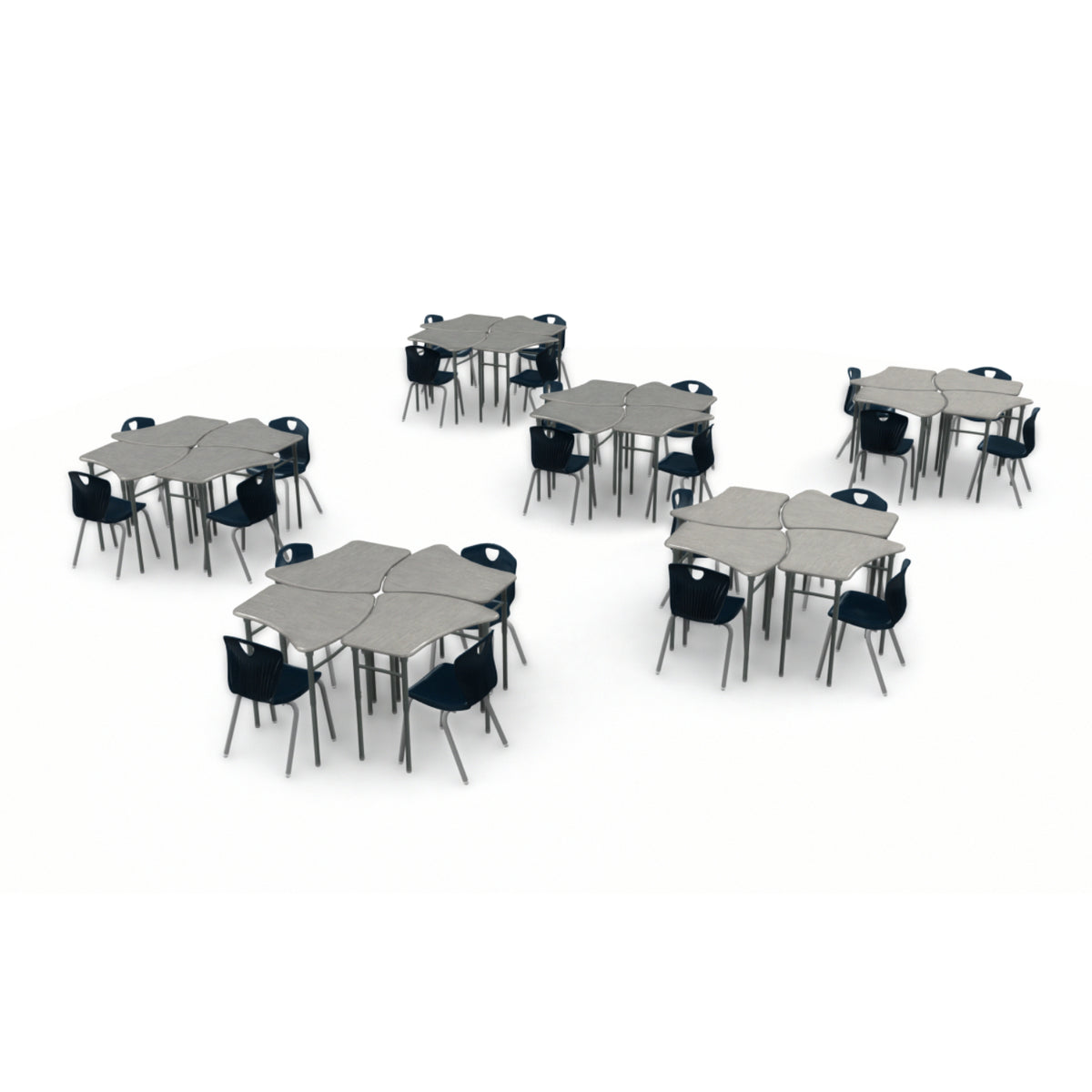 Classroom Desk and Chair Package, 24 Kaleidoscope Adjustable Height Vertebrae Desks with Solid Plastic Tops, 24 Ovation Stack Chairs