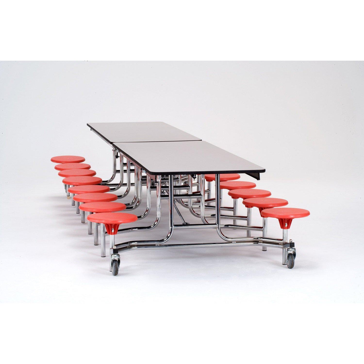 Mobile Cafeteria Table with 16 Stools, 12'L Rectangular, Plywood Core, Vinyl T-Mold Edge, Chrome Frame