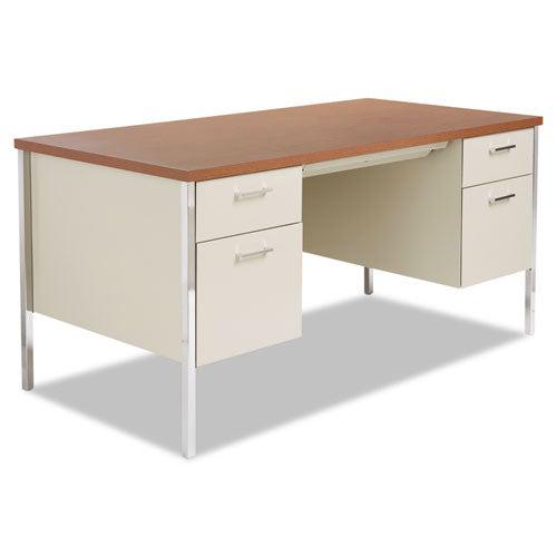Double Pedestal Steel Desk, 60" x 30" x 29.5", Cherry/Putty