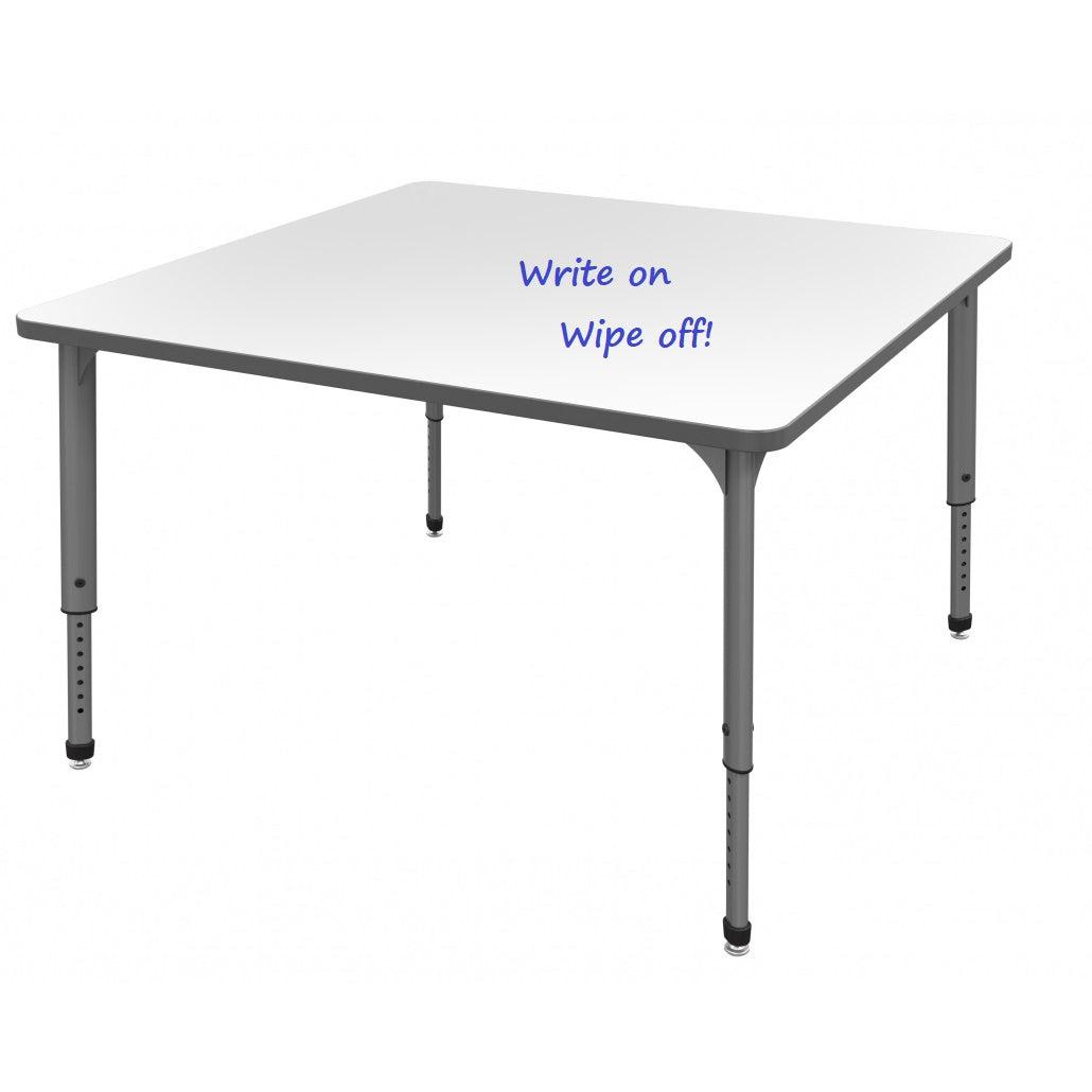 Apex Adjustable Height Collaborative Student Table with White Dry Erase Markerboard Top, 48" Square