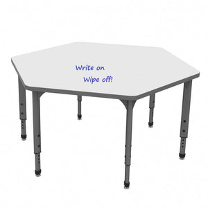 Apex Adjustable Height Collaborative Student Table with Dry Erase Laminate Markerboard Top, 54.5" x 48" Hexagon