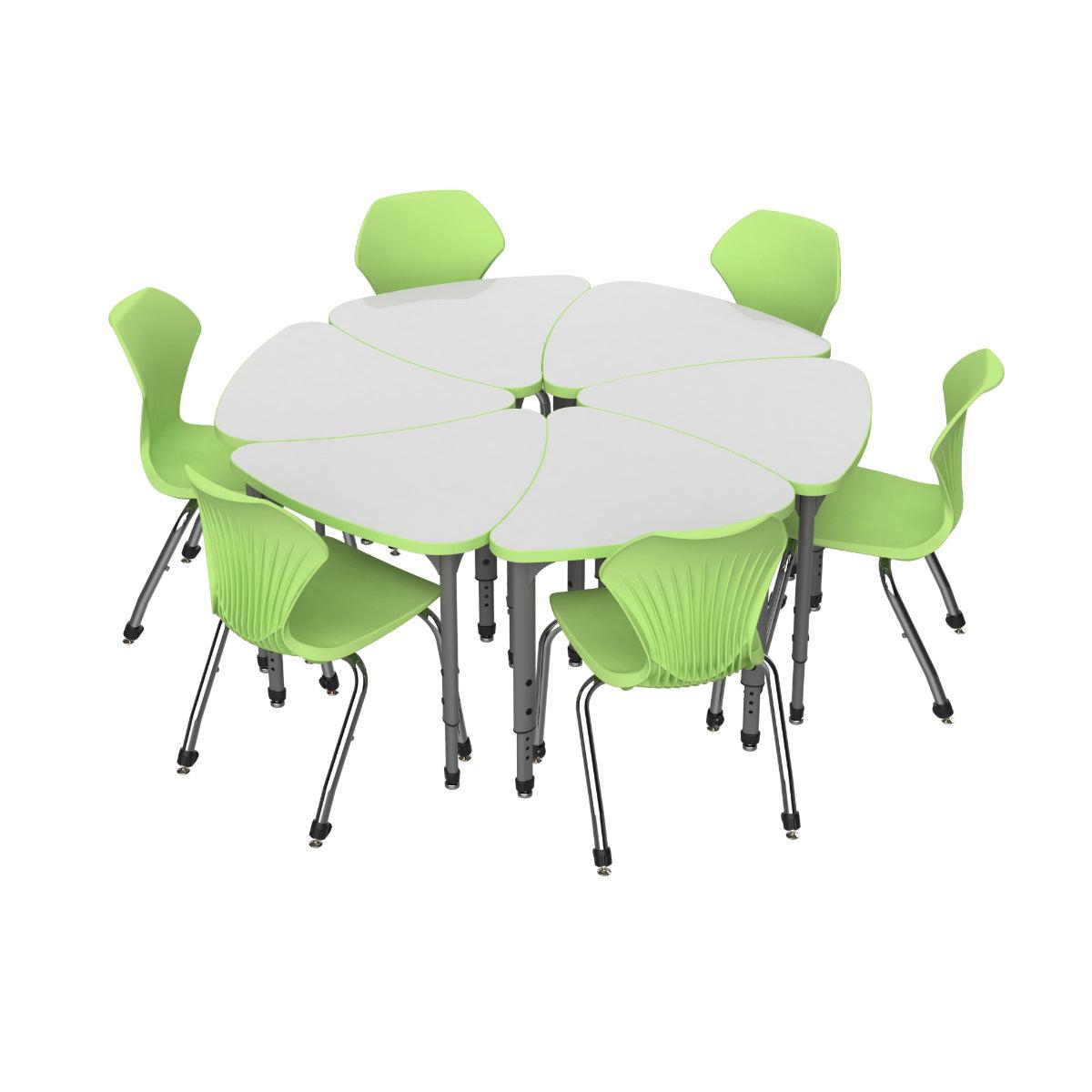 Apex White Dry Erase Classroom Desk and Chair Package, 6 Large Chevron Collaborative Student Desks with 6 Apex Stack Chairs