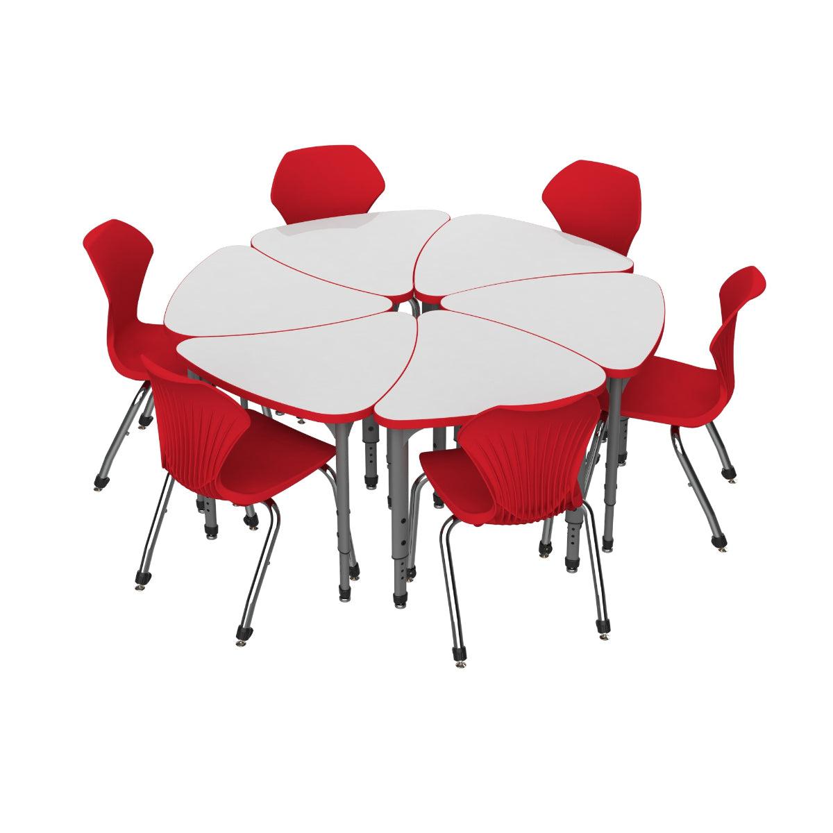 Apex White Dry Erase Classroom Desk and Chair Package, 6 Small Chevron Collaborative Student Desks with 6 Apex Stack Chairs