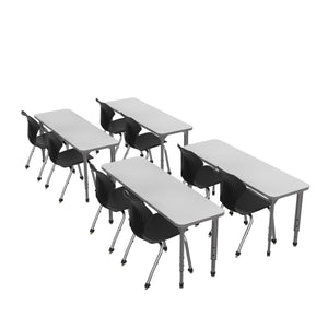 Apex White Dry Erase Classroom Desk and Chair Package, 4 Rectangle 2-Student Collaborative Desks, 20" x 60", with 8 Apex Stack Chairs