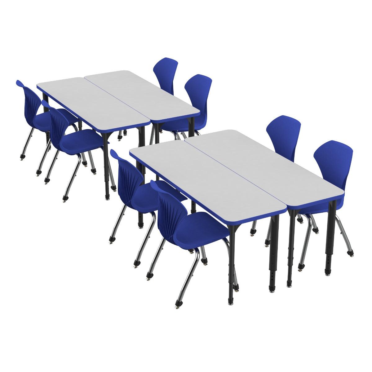 Apex White Dry Erase Classroom Desk and Chair Package, 4 Rectangle 2-Student Collaborative Desks, 20" x 60", with 8 Apex Stack Chairs