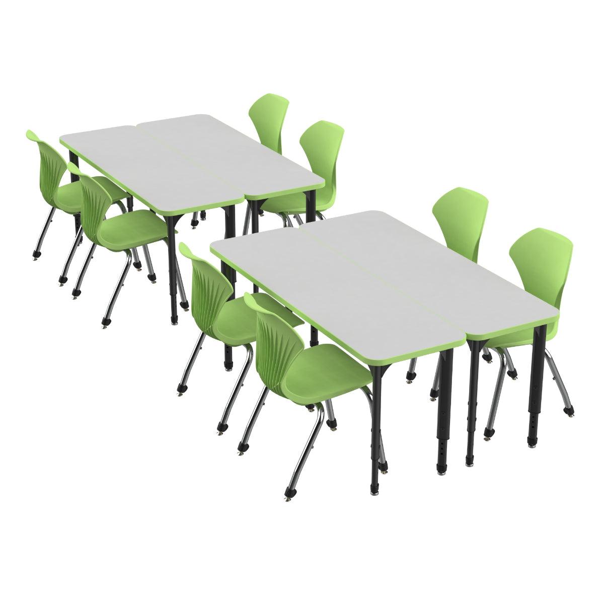 Apex Dry Erase Classroom Desk and Chair Package, 4 Rectangle 2-Student Collaborative Desks, 20" x 60", with 8 Apex Stack Chairs