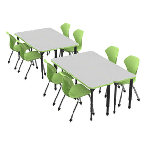 Apex White Dry Erase Classroom Desk and Chair Package, 4 Rectangle 2-Student Collaborative Desks, 20" x 60", with 8 Apex Stack Chairs