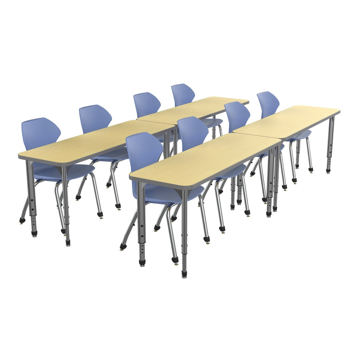 Apex Classroom Desk and Chair Package, 4 Rectangle 2-Student Collaborative Desks, 20" x 60", with 8 Apex Stack Chairs