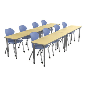Apex Classroom Desk and Chair Package, 4 Rectangle 2-Student Collaborative Desks, 20" x 60", with 8 Apex Stack Chairs