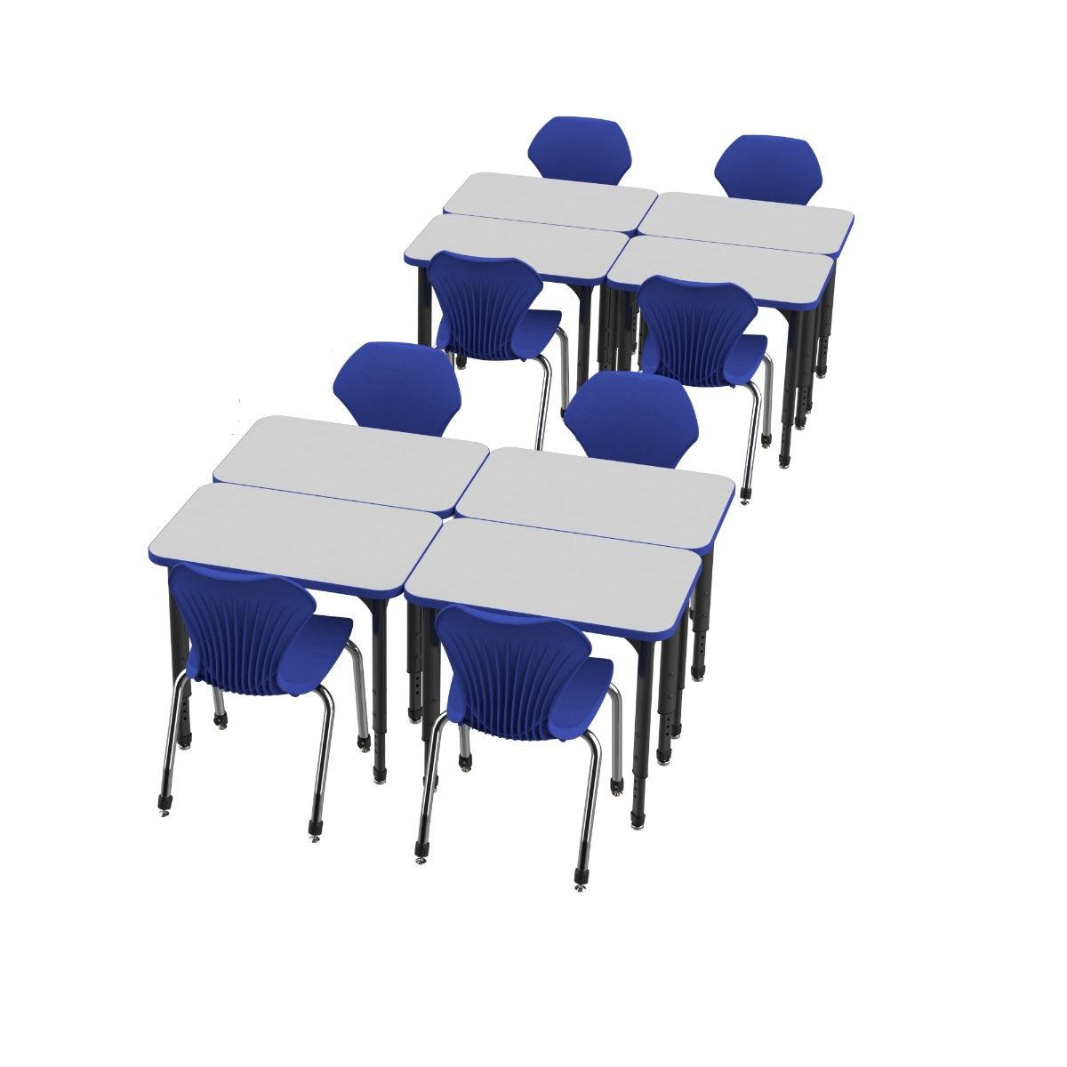 Apex White Dry Erase Classroom Desk and Chair Package, 8 Rectangle Collaborative Student Desks, 20" x 36", with 8 Apex Stack Chairs