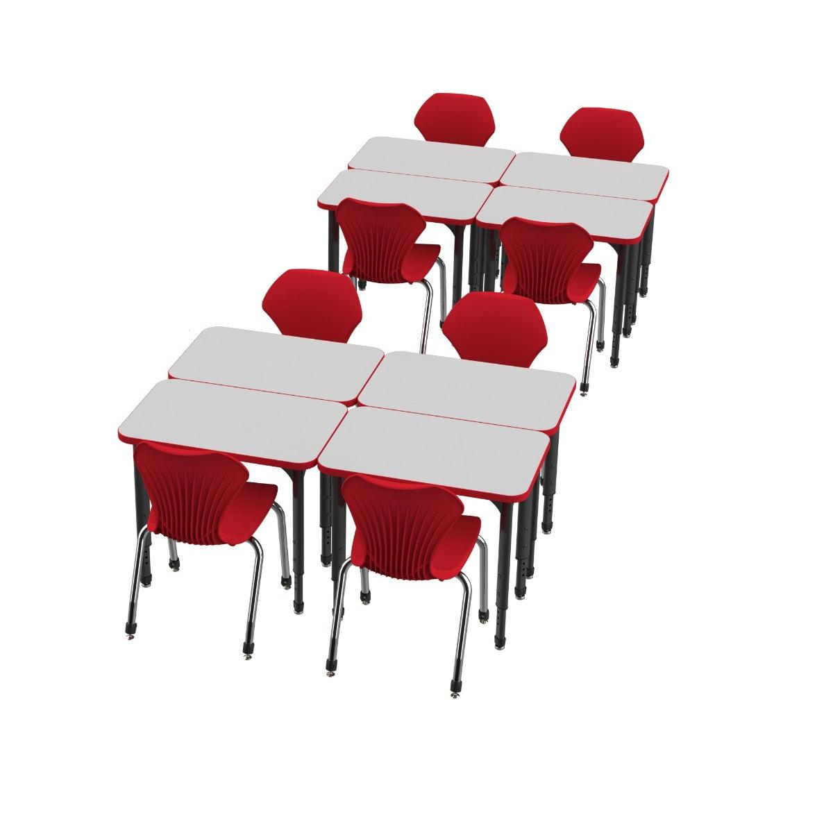 Apex White Dry Erase Classroom Desk and Chair Package, 8 Rectangle Collaborative Student Desks, 20" x 30", with 8 Apex Stack Chairs