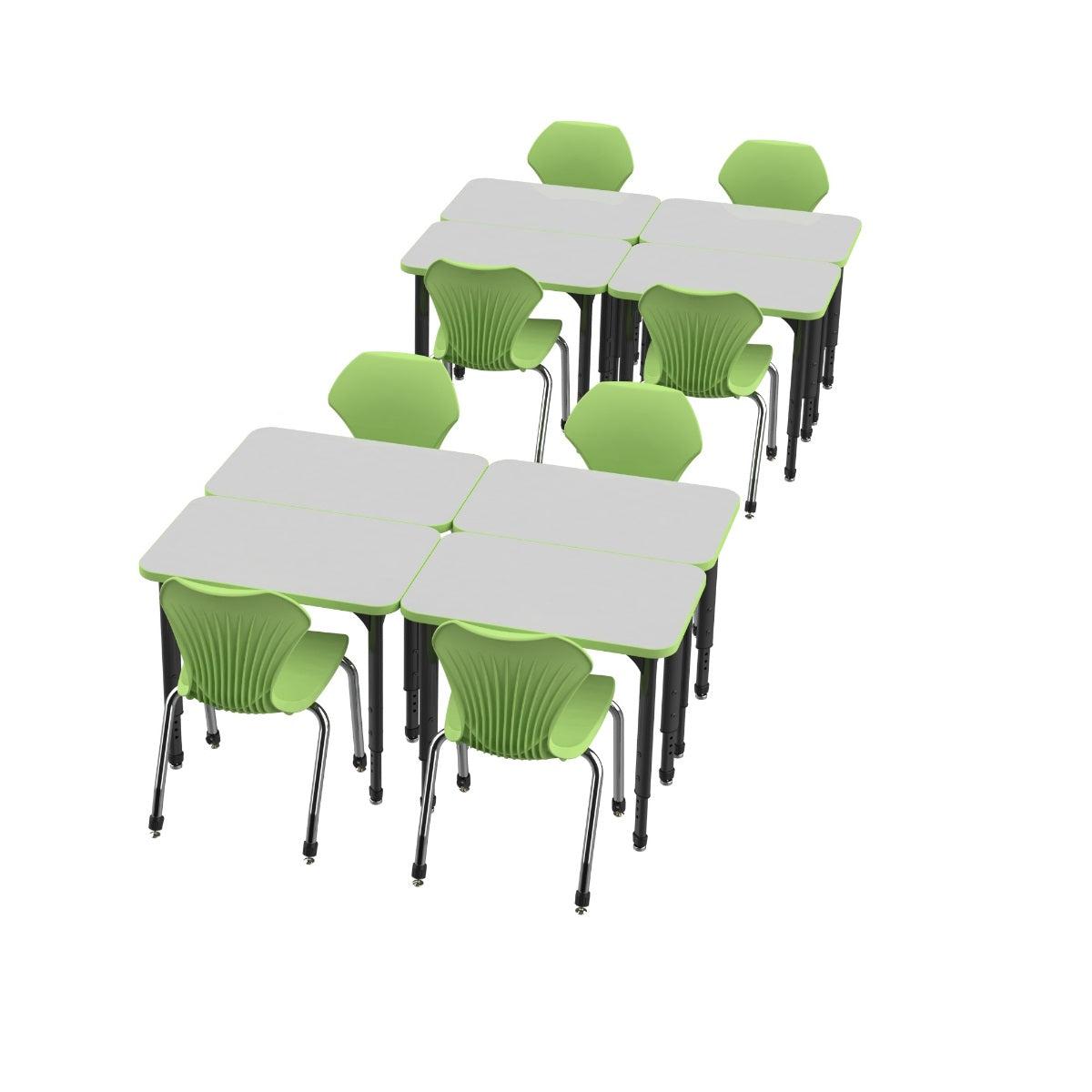 Apex White Dry Erase Classroom Desk and Chair Package, 8 Rectangle Collaborative Student Desks, 20" x 36", with 8 Apex Stack Chairs