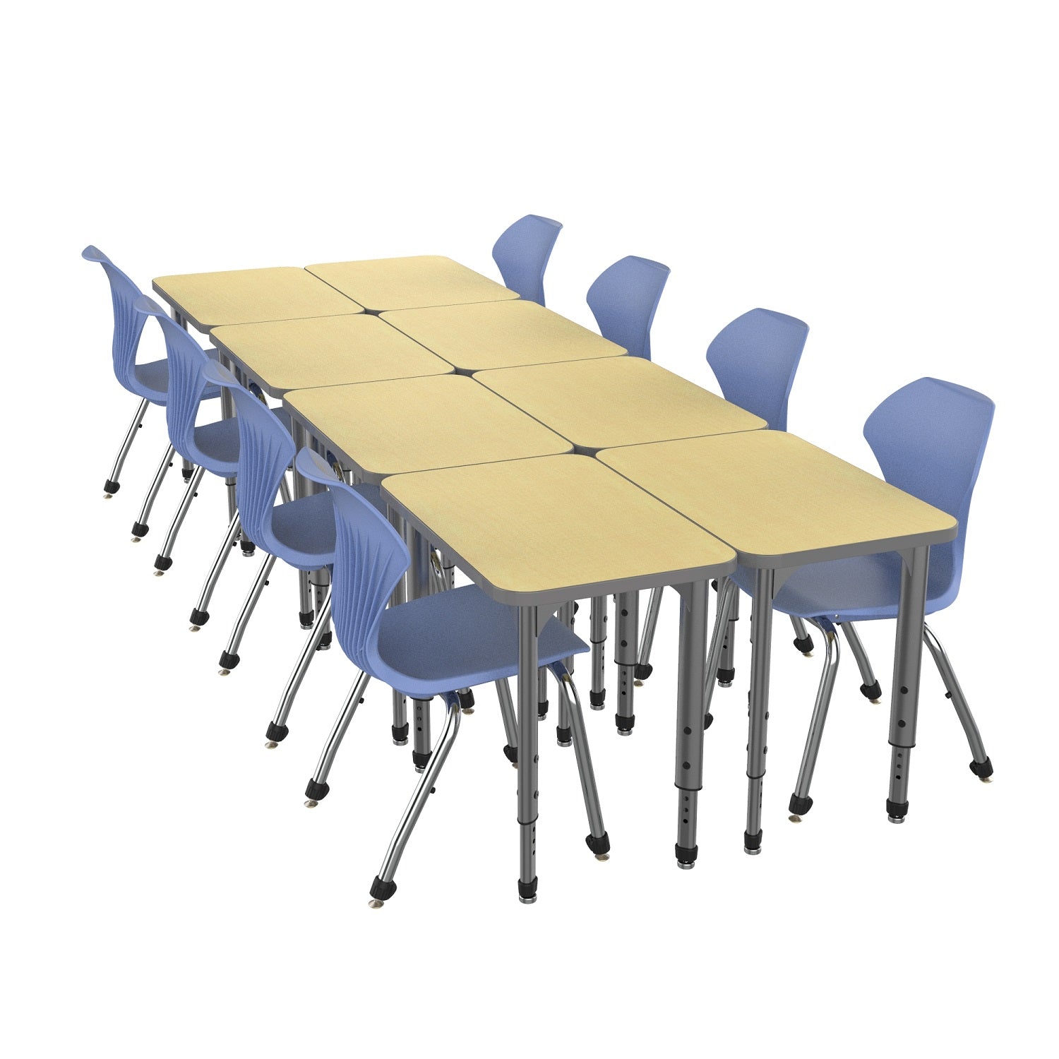 Apex Classroom Desk and Chair Package, 8 Rectangle Collaborative Student Desks, 20" x 30", with 8 Apex Stack Chairs