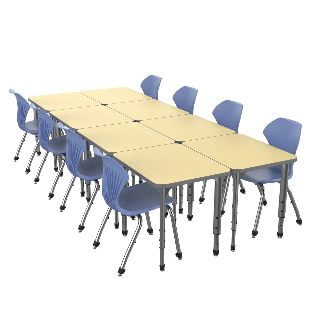 Apex Classroom Desk and Chair Package, 8 Rectangle Collaborative Student Desks, 24" x 30", with 8 Apex Stack Chairs