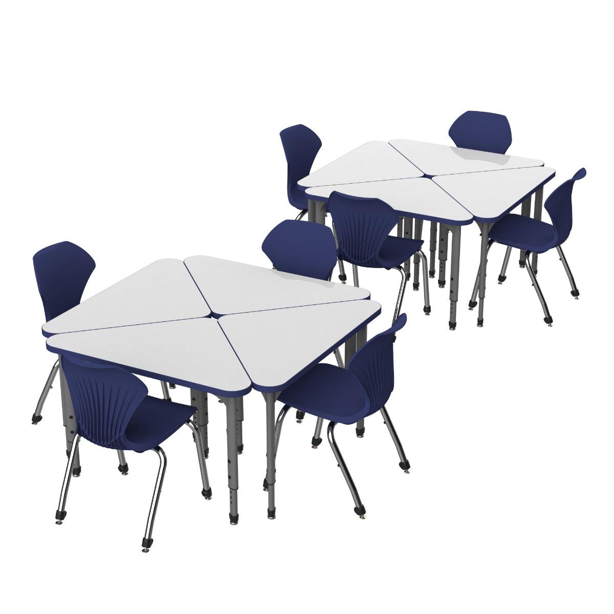 Apex White Dry Erase Classroom Desk and Chair Package, 8 Triangle Collaborative Student Desks with 8 Apex Stack Chairs