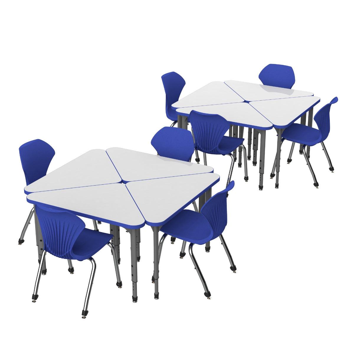 Apex White Dry Erase Classroom Desk and Chair Package, 8 Triangle Collaborative Student Desks with 8 Apex Stack Chairs