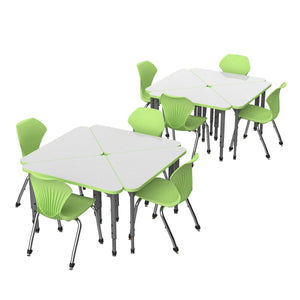 Apex White Dry Erase Classroom Desk and Chair Package, 8 Triangle Collaborative Student Desks with 8 Apex Stack Chairs