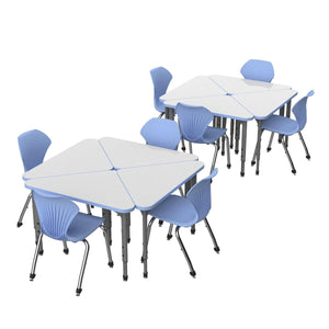 Apex White Dry Erase Classroom Desk and Chair Package, 8 Triangle Collaborative Student Desks with 8 Apex Stack Chairs