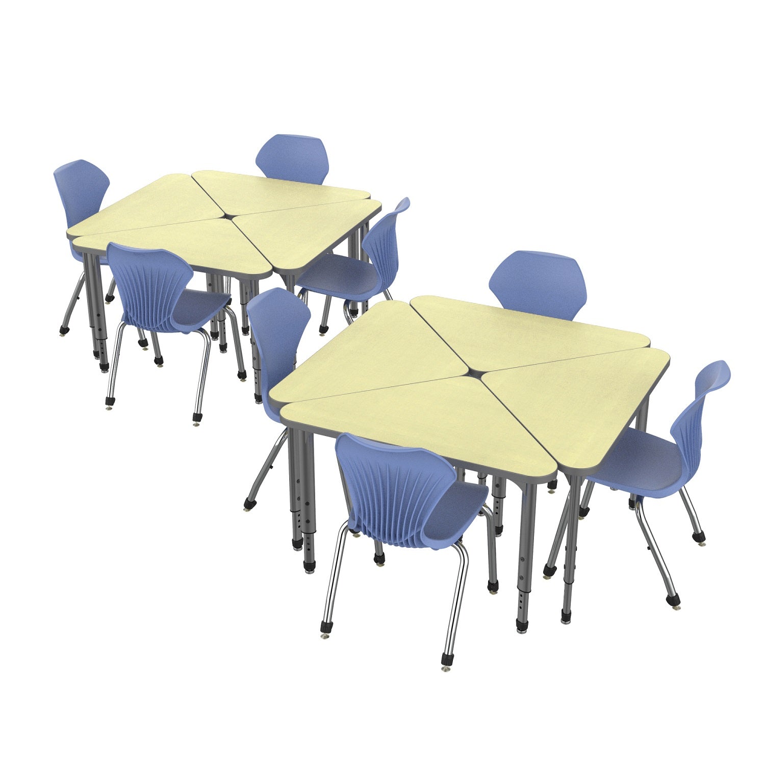 Apex Classroom Desk and Chair Package, 8 Triangle Collaborative Student Desks with 8 Apex Stack Chairs