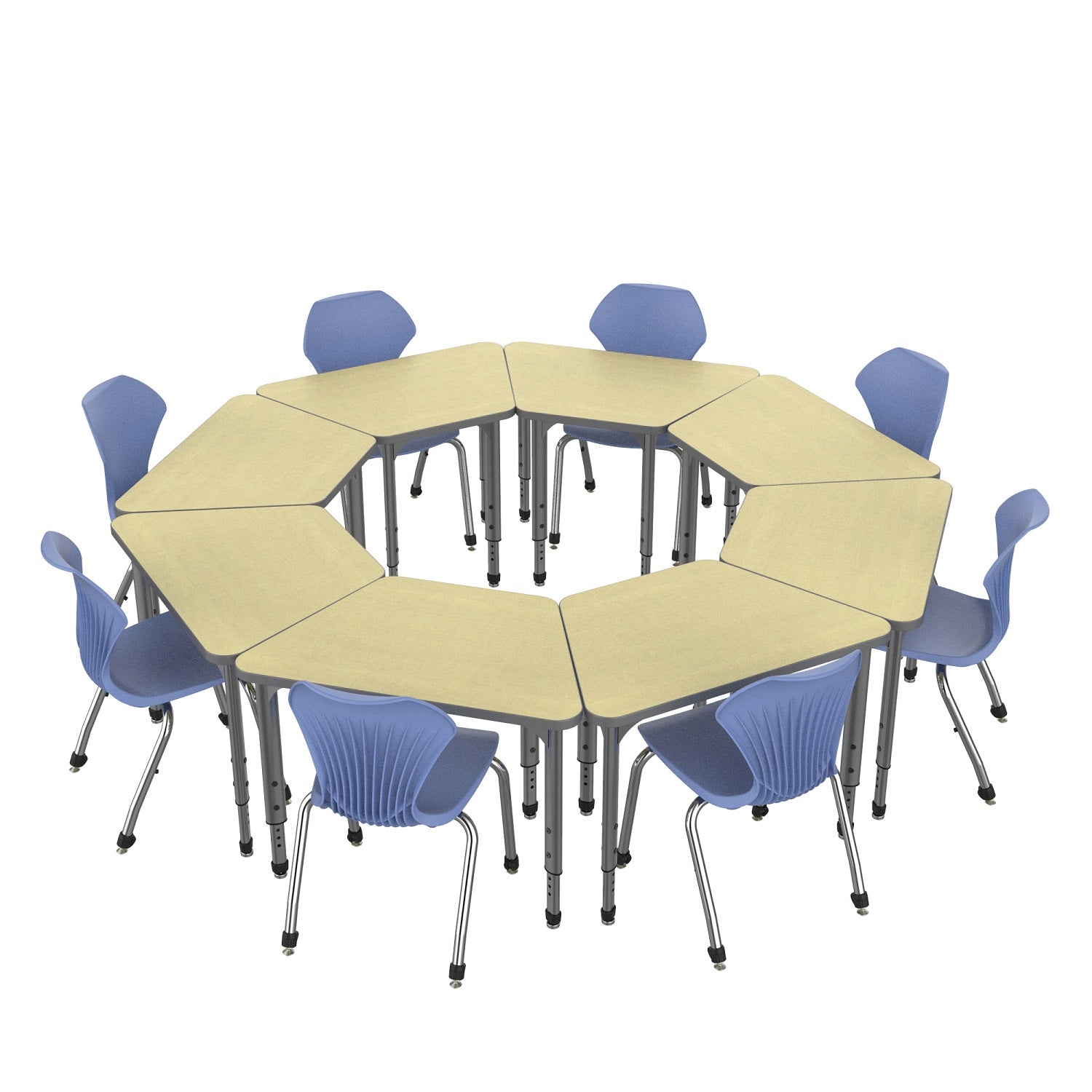 Apex Classroom Desk and Chair Package, 8 Small Trapezoid Collaborative Student Desks with 8 Apex Stack Chairs