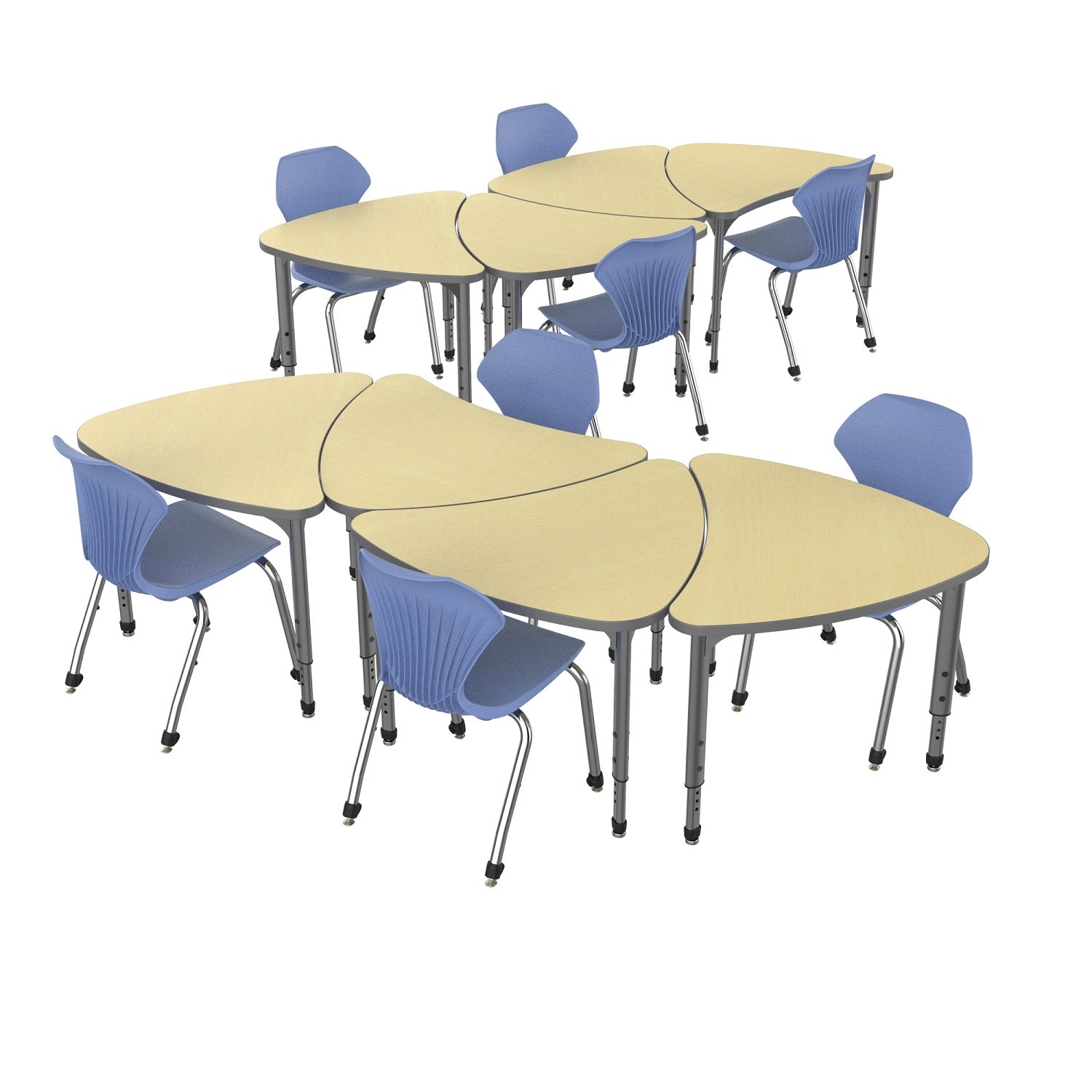 Apex Classroom Desk and Chair Package, 8 Large Chevron Collaborative Student Desks with 8 Apex Stack Chairs