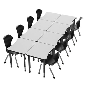 Apex White Dry Erase Classroom Desk and Chair Package, 8 Curved Collaborative Student Desks with 8 Apex Stack Chairs
