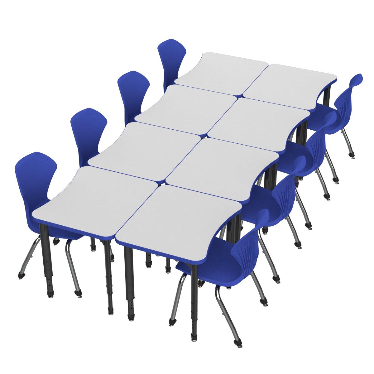 Apex Dry Erase Classroom Desk and Chair Package, 8 Curved Collaborative Student Desks with 8 Apex Stack Chairs