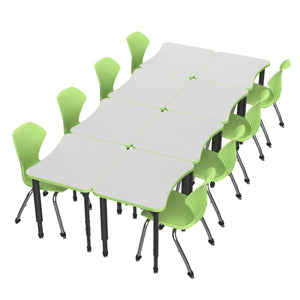 Apex White Dry Erase Classroom Desk and Chair Package, 8 Curved Collaborative Student Desks with 8 Apex Stack Chairs