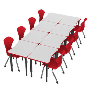 Apex White Dry Erase Classroom Desk and Chair Package, 8 Curved Collaborative Student Desks with 8 Apex Stack Chairs