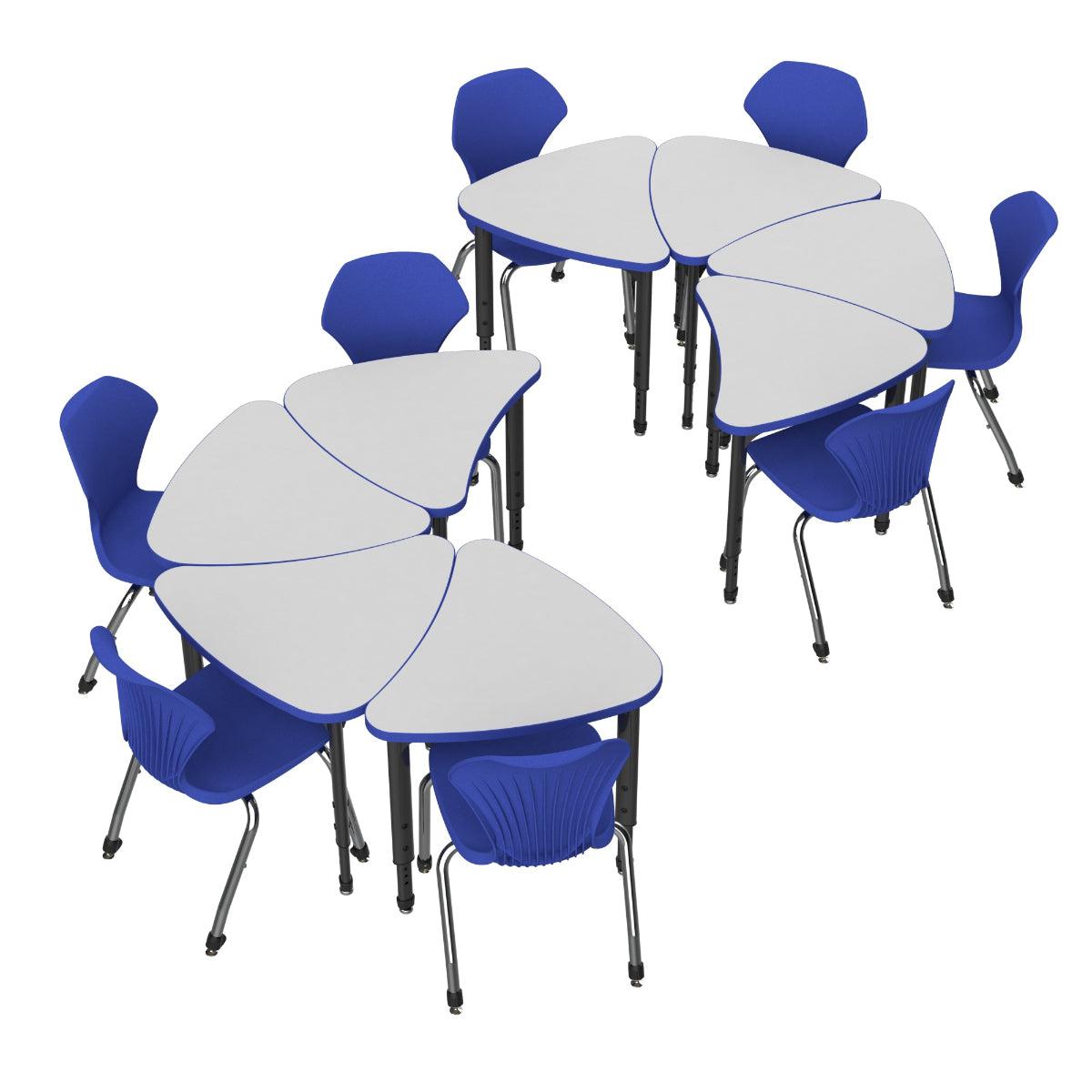 Apex White Dry Erase Classroom Desk and Chair Package, 8 Small Chevron Collaborative Student Desks with 8 Apex Stack Chairs