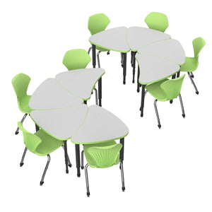 Apex White Dry Erase Classroom Desk and Chair Package, 8 Large Chevron Collaborative Student Desks with 8 Apex Stack Chairs
