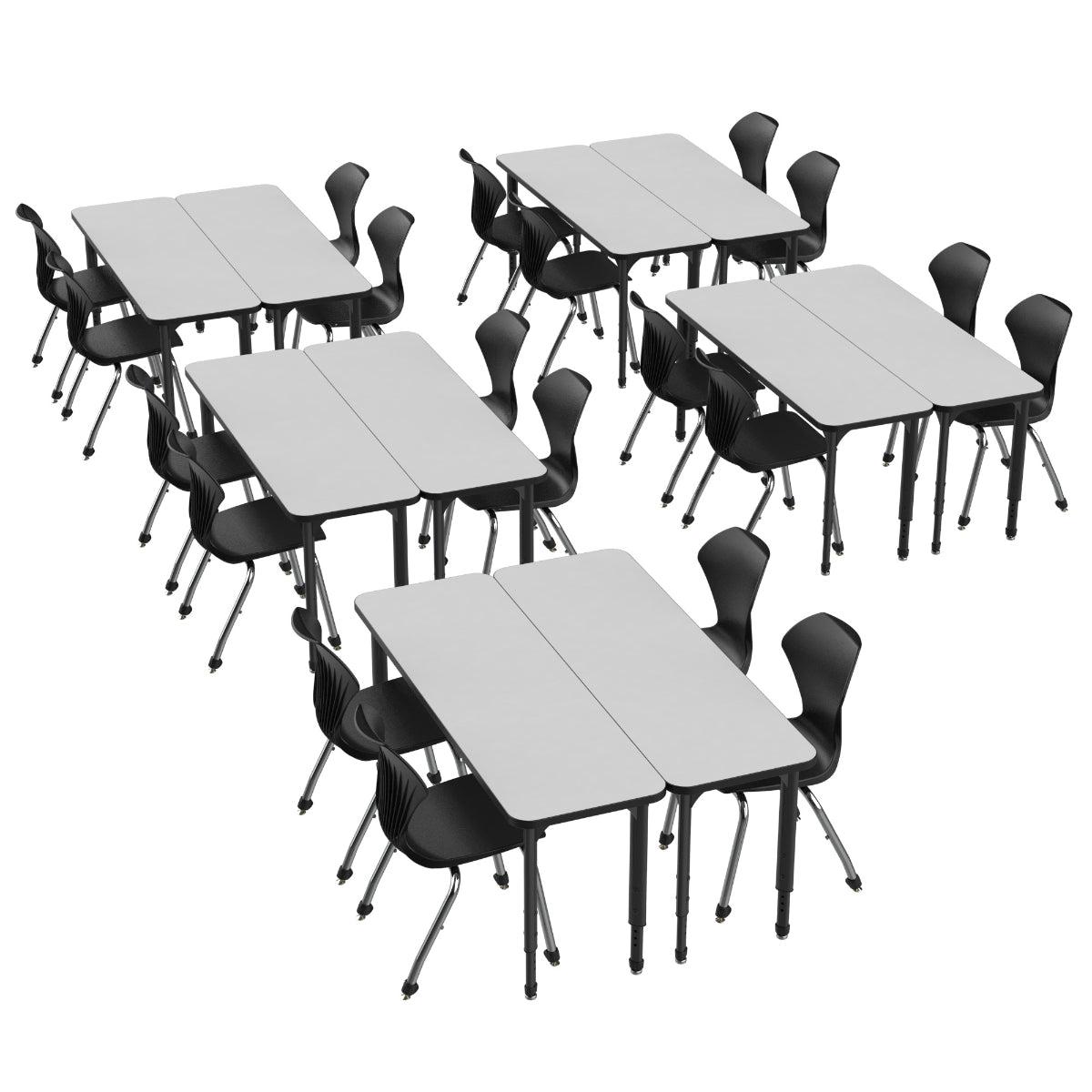 Apex Dry Erase Classroom Desk and Chair Package, 10 Rectangle 2-Student Collaborative Desks, 20" x 60", with 20 Apex Stack Chairs