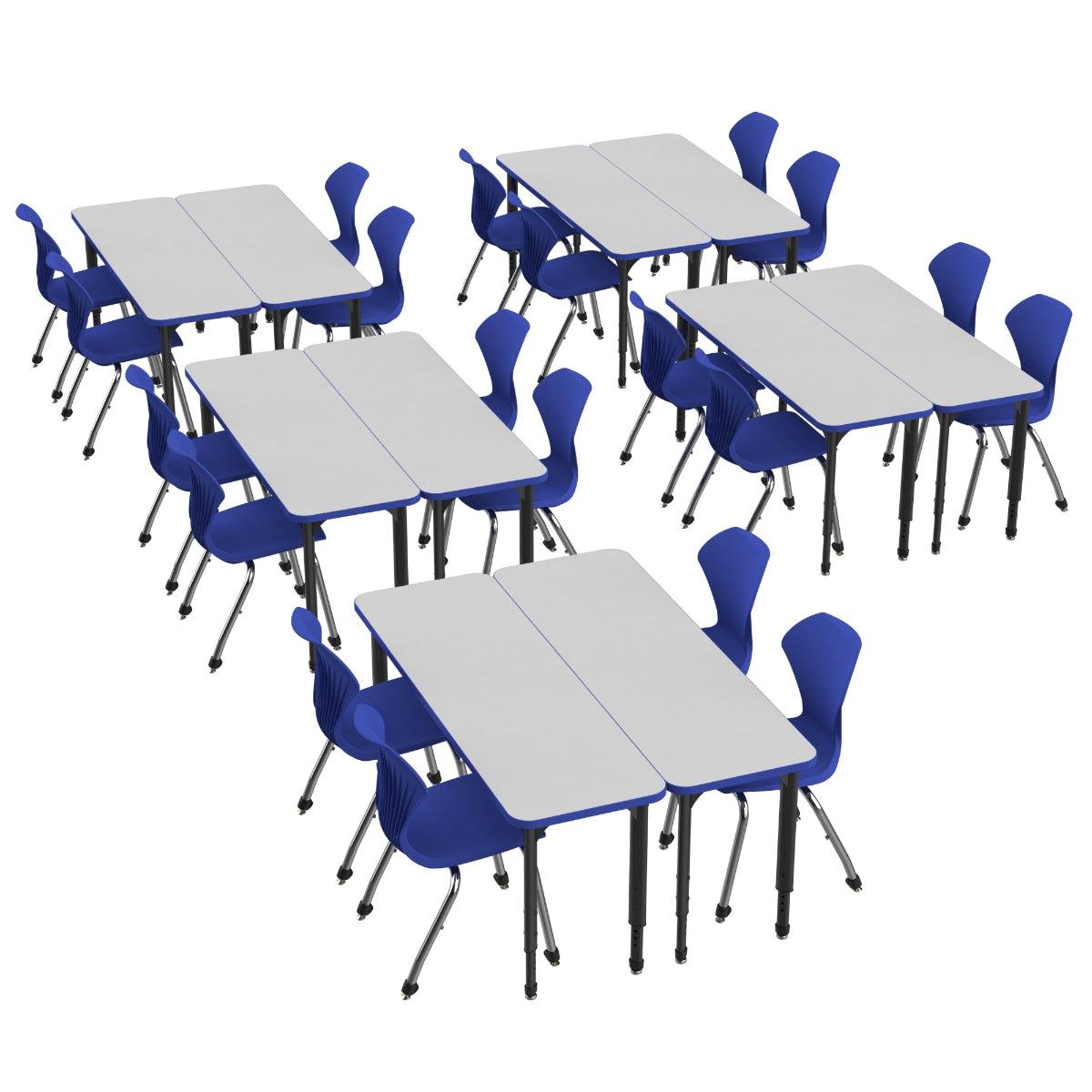Apex White Dry Erase Classroom Desk and Chair Package, 10 Rectangle 2-Student Collaborative Desks, 20" x 60", with 20 Apex Stack Chairs