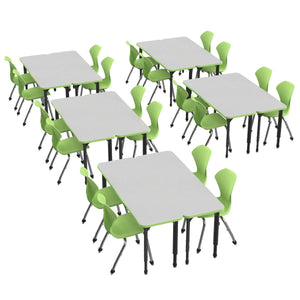 Apex White Dry Erase Classroom Desk and Chair Package, 10 Rectangle 2-Student Collaborative Desks, 20" x 60", with 20 Apex Stack Chairs