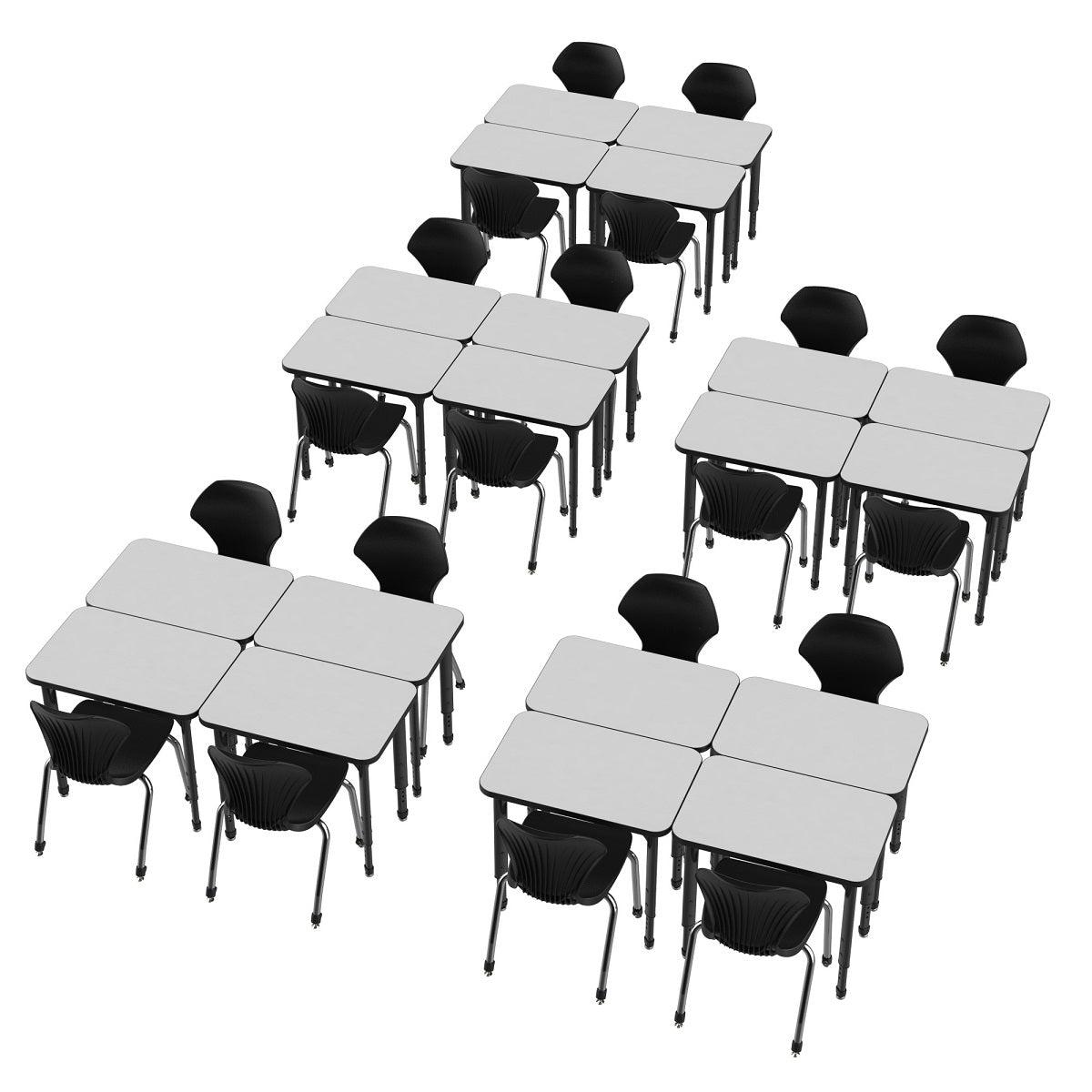 Apex White Dry Erase Classroom Desk and Chair Package, 20 Rectangle Collaborative Student Desks, 20" x 30", with 20 Apex Stack Chairs